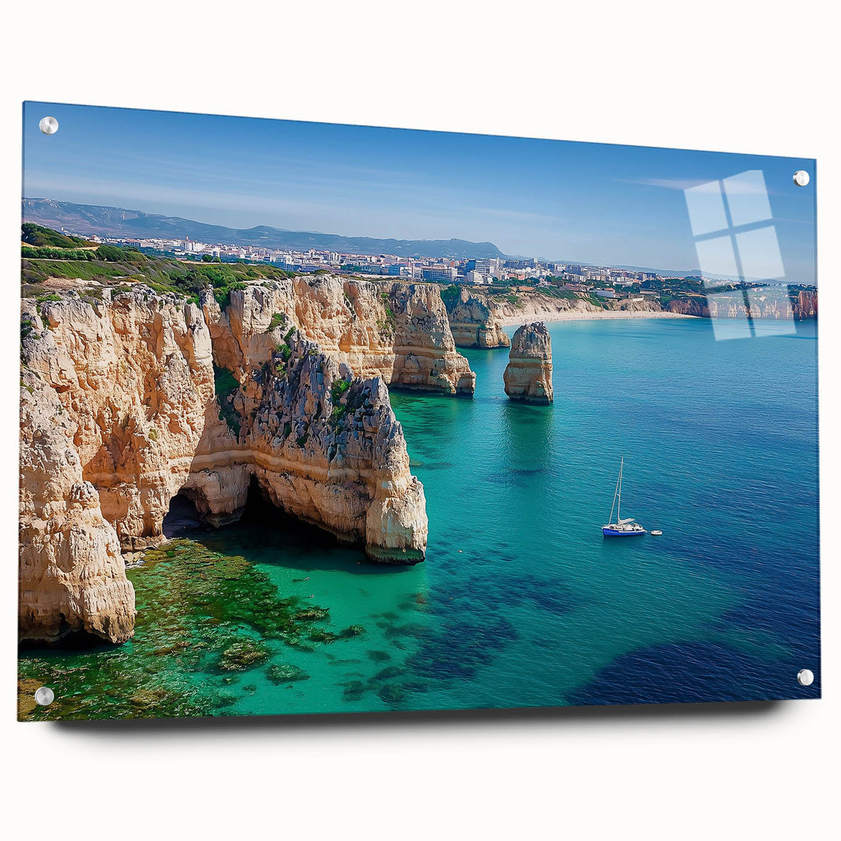 Acrylic landscape artwork showcasing vibrant cliffs and rolling hills, displayed in a sleek glass frame, with metal pins for secure mounting. Perfect for modern decor and nature enthusiasts.
