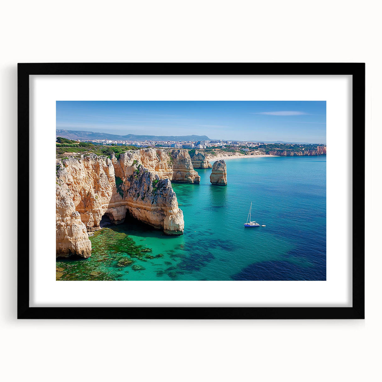 Framed landscape artwork depicting majestic cliffs with a black mat, showcasing natural beauty in a polished front view, perfect for home decor enhancement.