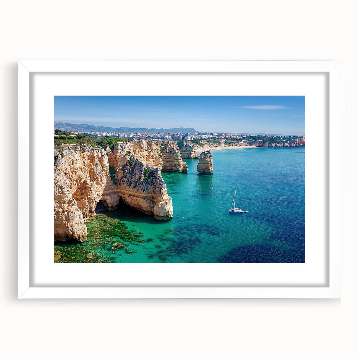 Framed landscape artwork showcasing dramatic cliffs and ocean views, presented with a white mat for an elegant finish, perfect for home decor.