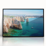 Framed acrylic landscape artwork depicting dramatic cliffs against a serene sky, showcasing vibrant colors and intricate details, perfect for modern home decor.