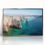 Framed acrylic artwork depicting a stunning landscape of cliffs with golden accents, ideal for modern home decor, enhancing any interior space with elegance.