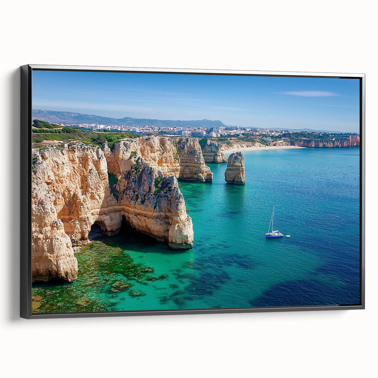 Framed canvas art depicting dramatic cliffs at sunset, showcasing vibrant colors and intricate details, perfect for enhancing home decor and creating a serene atmosphere.