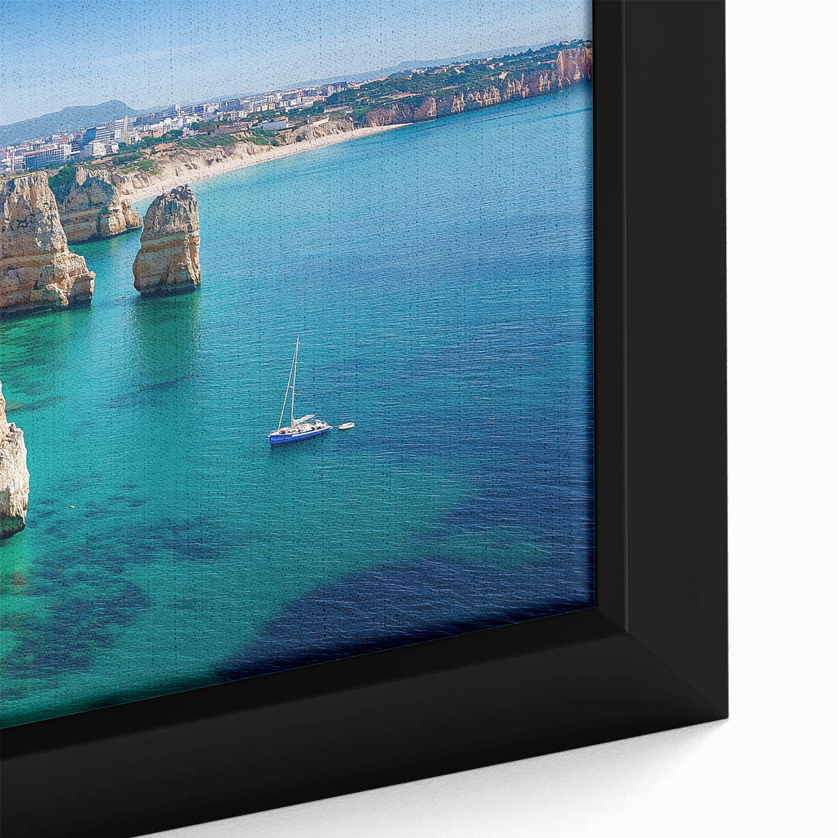 Framed canvas artwork showcasing a close-up view of dramatic cliffs, highlighting rich textures and vibrant colors, perfect for enhancing modern home decor.