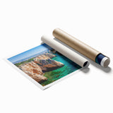 Stunning landscape print showcasing vibrant cliffs in rich colors, rolled and packaged in a protective tube for easy display. Perfect for home decor enthusiasts.