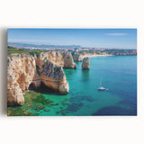 Stretched canvas artwork depicting dramatic cliffs against a vibrant sunset, showcasing rich colors and intricate details, perfect for enhancing interior decor.