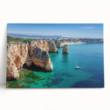 Stretched canvas artwork depicting dramatic cliffs at sunset, featuring rich colors of orange and purple hues, perfect for enhancing any modern living space.