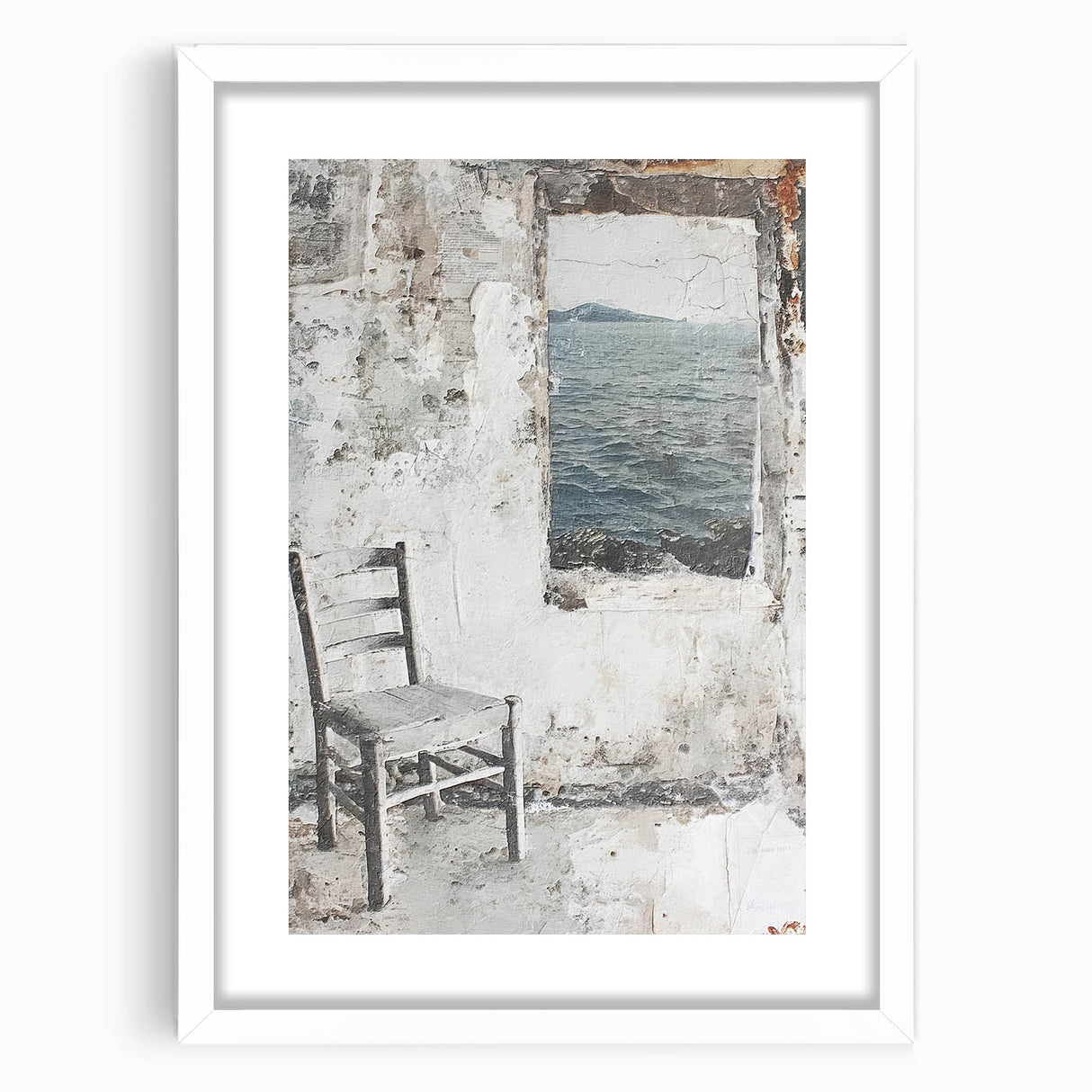 Abstract architectural wall art framed in white with a mat, showcasing geometric patterns and modern design elements, ideal for contemporary home decor.