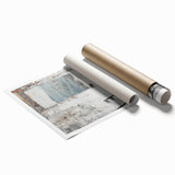 Abstract architectural wall art print showcasing geometric shapes in vibrant blue and orange tones, elegantly rolled for easy display and shipping. Perfect for modern decor.