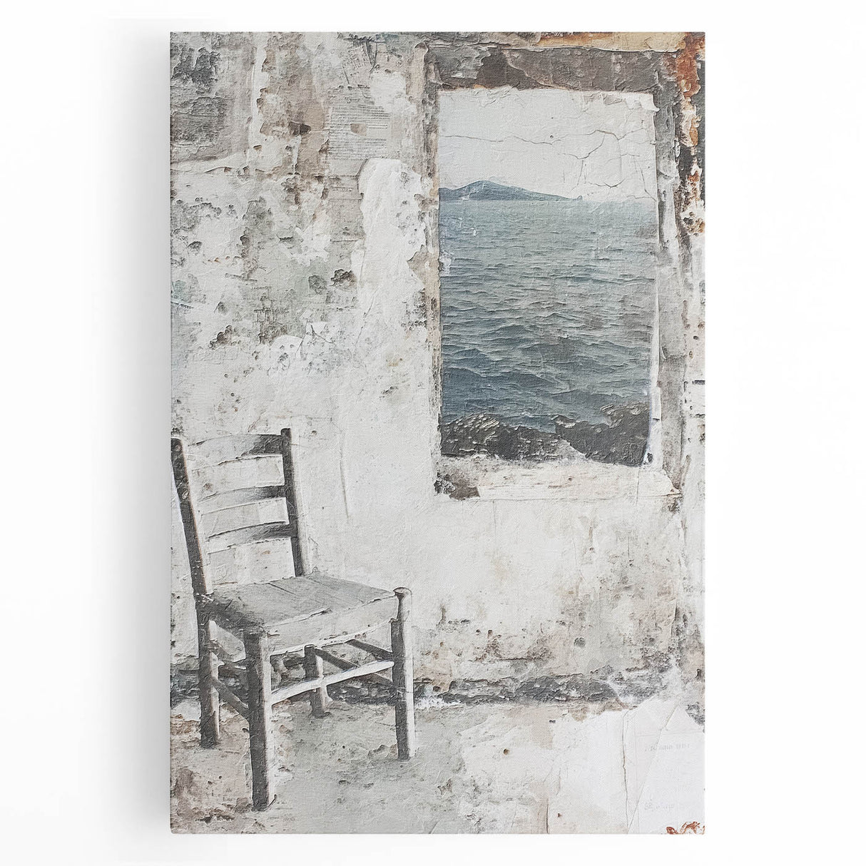 Abstract architectural wall art on stretched canvas, showcasing geometric shapes in muted tones of blue, gray, and white, perfect for modern decor.