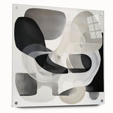 Abstract geometric acrylic art piece displayed from a side view, featuring vibrant colors and intricate designs, secured with transparent pins for a modern aesthetic.