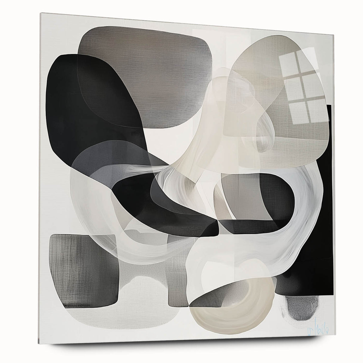 Abstract geometric acrylic glass art piece showcasing vibrant colors and intricate shapes, viewed from the side, ideal for modern home decor or artistic displays.