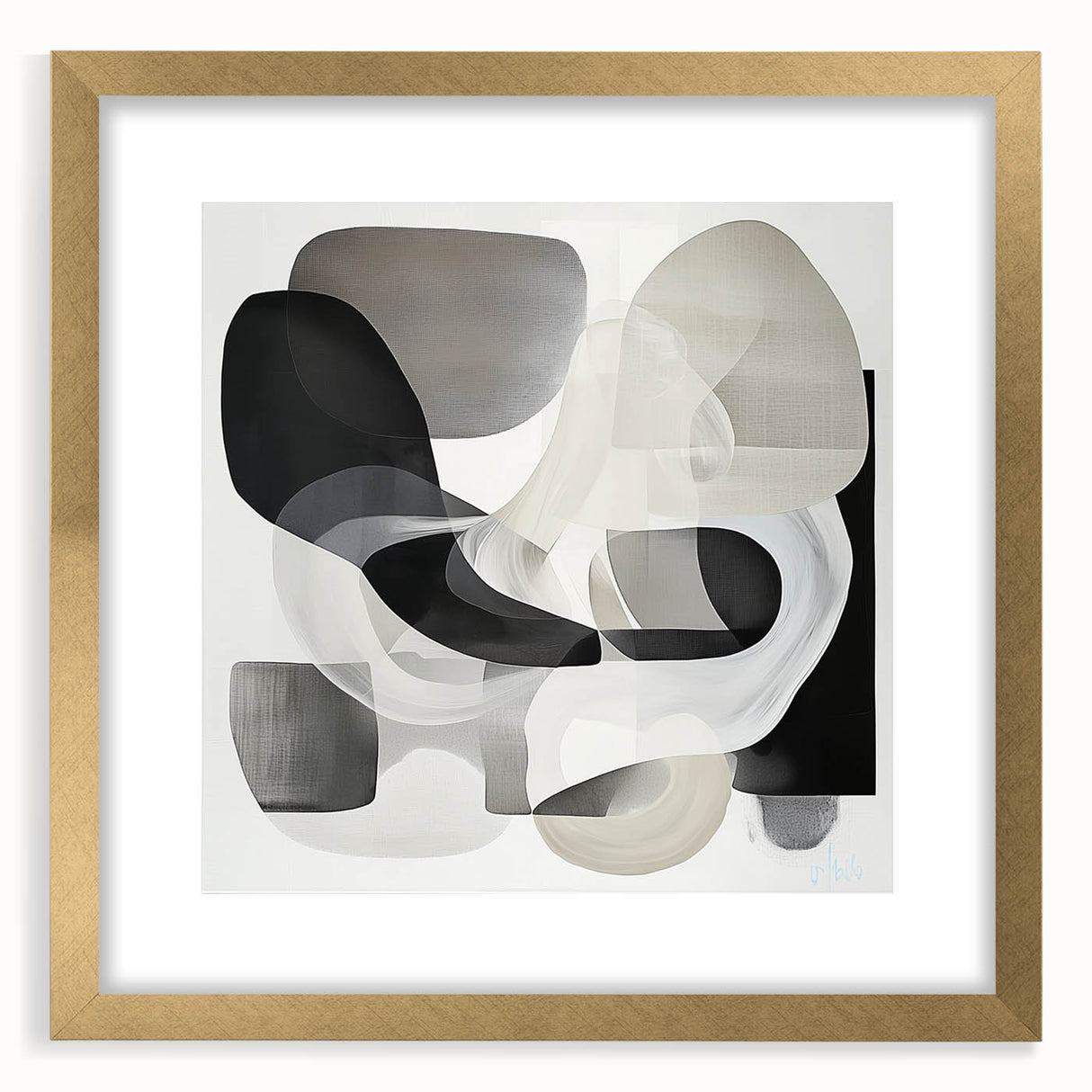 Abstract geometric frame showcasing a modern design in gold, featuring a sleek mat and clean lines, ideal for contemporary home decor or artwork display.
