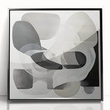 Framed abstract geometric artwork in black acrylic, showcasing modern design elements, perfect for contemporary home decor. Ideal for enhancing living spaces with a touch of sophistication.