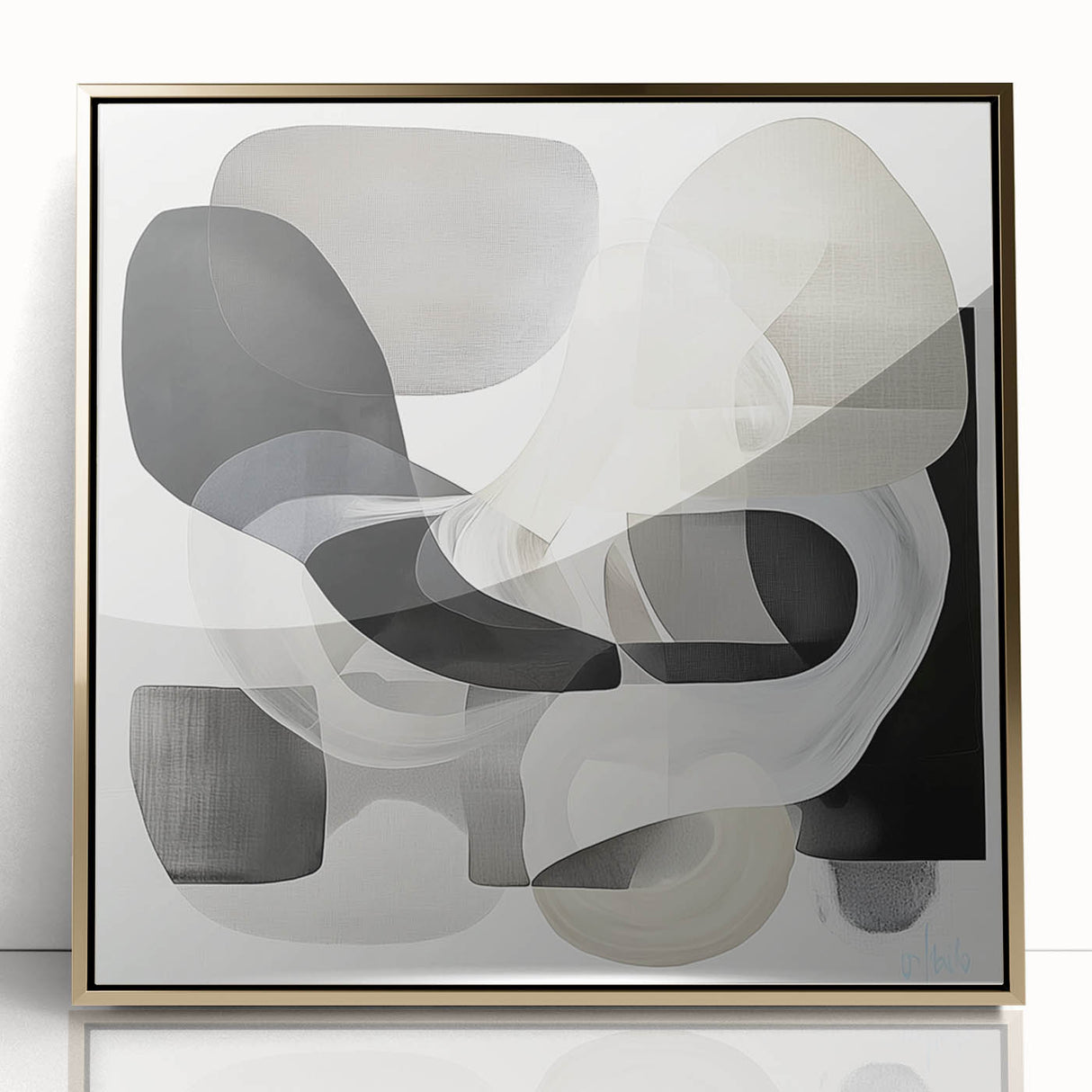 Abstract geometric framed acrylic artwork with gold accents, showcasing a modern design in a stylish setting. Ideal for contemporary home decor and artistic inspiration.
