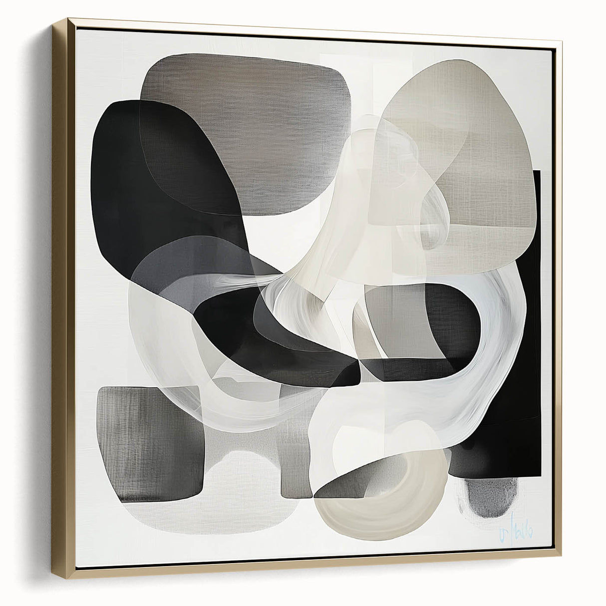 Abstract geometric framed canvas art in silver and gold tones, showcasing modern design elements. Ideal for contemporary home decor or office spaces.