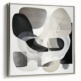 Abstract geometric framed canvas artwork in silver, showcasing intricate patterns and shapes, enhances modern decor with its stylish side view and elegant design.
