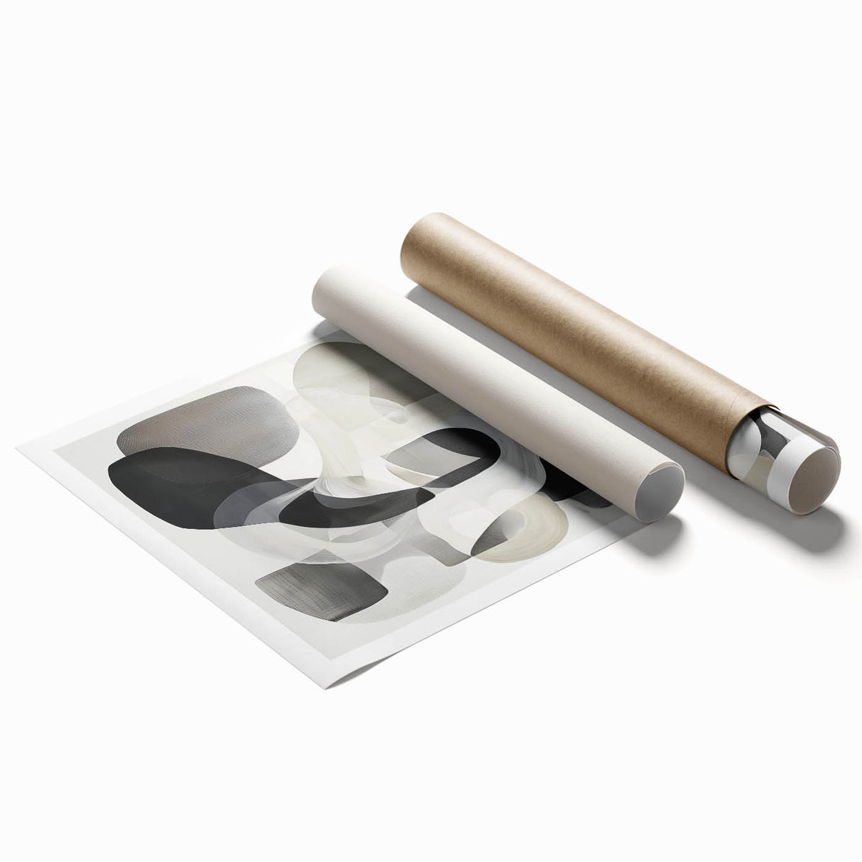 Abstract geometric rolled print showcasing vibrant colors and intricate shapes, elegantly packaged in a durable cardboard tube for easy transport and display. Ideal for modern home decor enthusiasts seeking unique wall art.