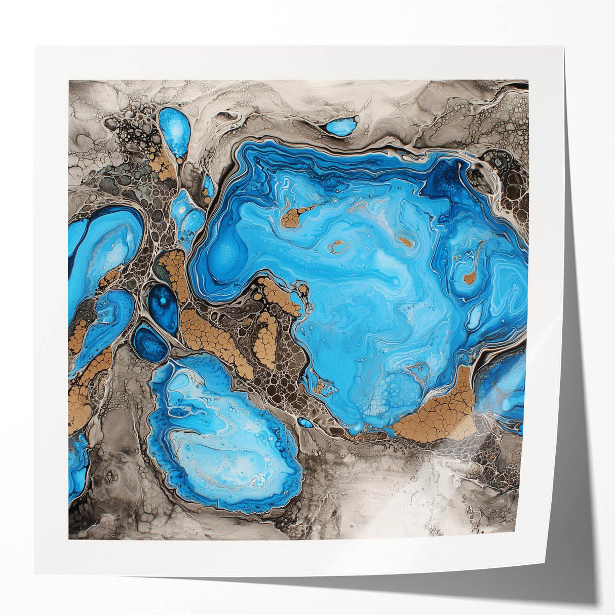 Glossy mockup of abstract splatter artwork showcasing vibrant colors of blue, pink, and yellow, ideal for modern home decor or art display.