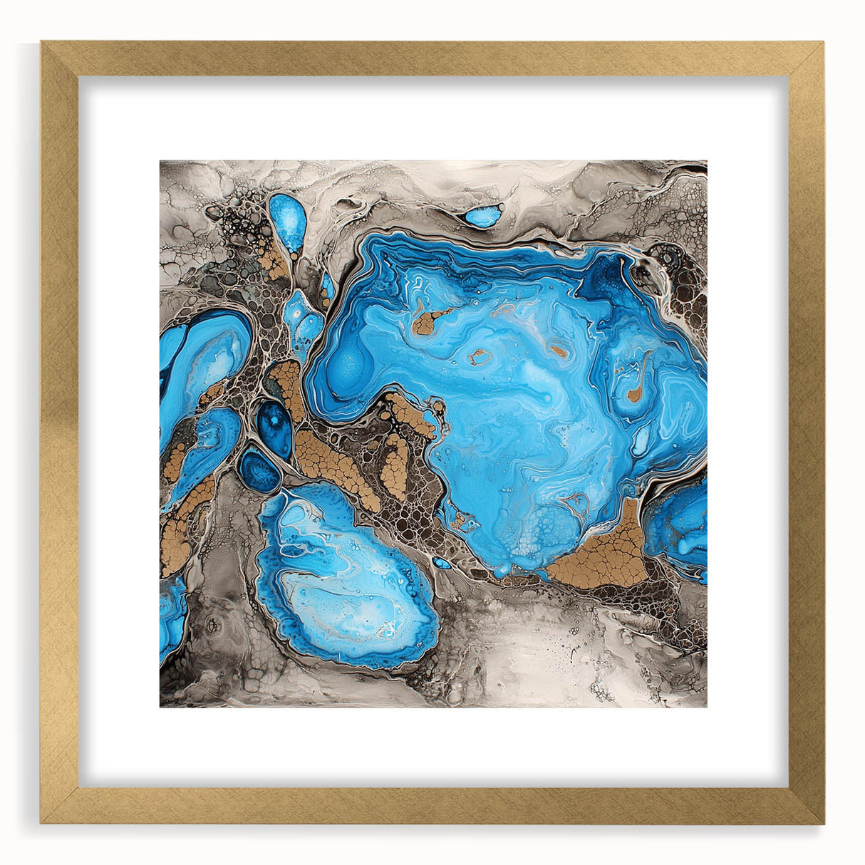 Abstract gold splatter frame with a white mat, showcasing a modern art design. Ideal for contemporary home decor, adding elegance to any space.