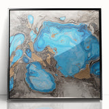 Framed acrylic artwork showcasing abstract splatters in bold black and white against a sleek modern backdrop, ideal for contemporary home decor.