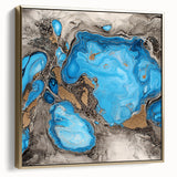 Framed abstract canvas artwork featuring splatters in silver and gold tones, set against a white background, ideal for modern home decor and wall accent.