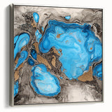 Framed canvas artwork showcasing abstract splatters in vibrant colors, with a sleek silver frame, perfect for modern home decor or art enthusiasts.