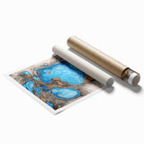 Abstract splatter art print showcasing vibrant colors and dynamic shapes, rolled and securely packaged in a protective tube for easy shipping and display.