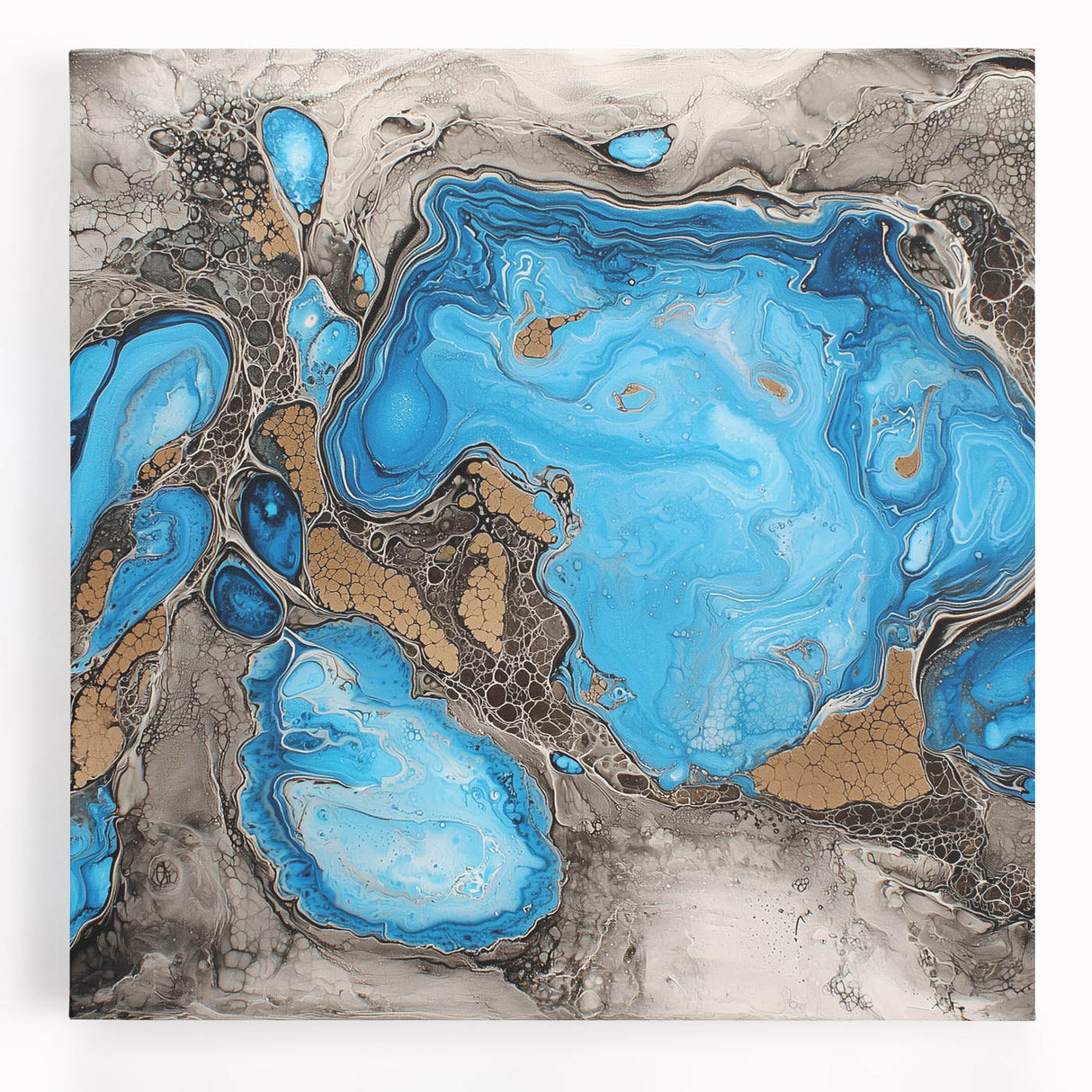 Colorful abstract splatter design on stretched canvas, featuring vibrant hues of blue, orange, and yellow, perfect for modern home decor or art enthusiasts.