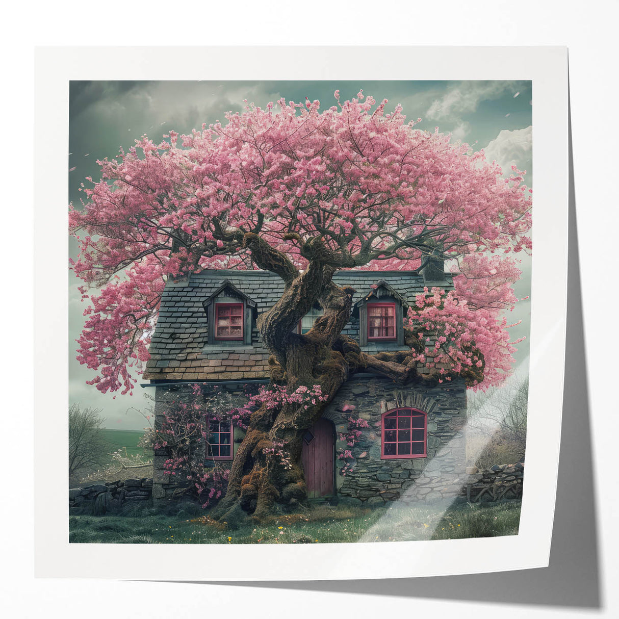 Extra large wall art featuring a row of quaint cottages in muted earth tones on glossy photo paper.