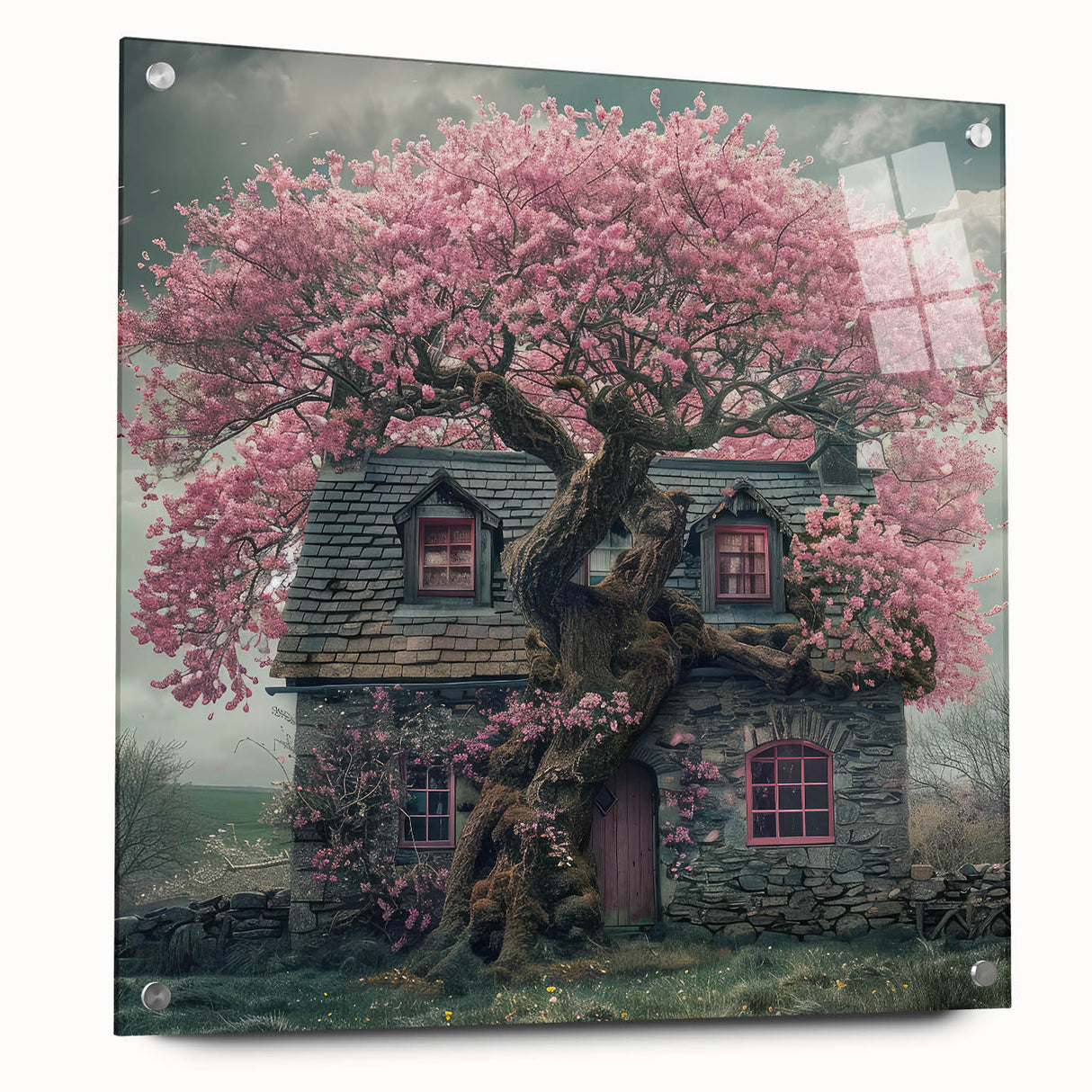 Acrylic print of abstract cottages in muted earth tones, suitable for bedroom or dining room decor.