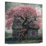 Large abstract wall art depicting modern architecture and cottages in muted earth tones, printed on acrylic glass.