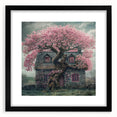 Extra large abstract art print of colorful, textured cottages, framed with a black mat, ideal for living room decor.