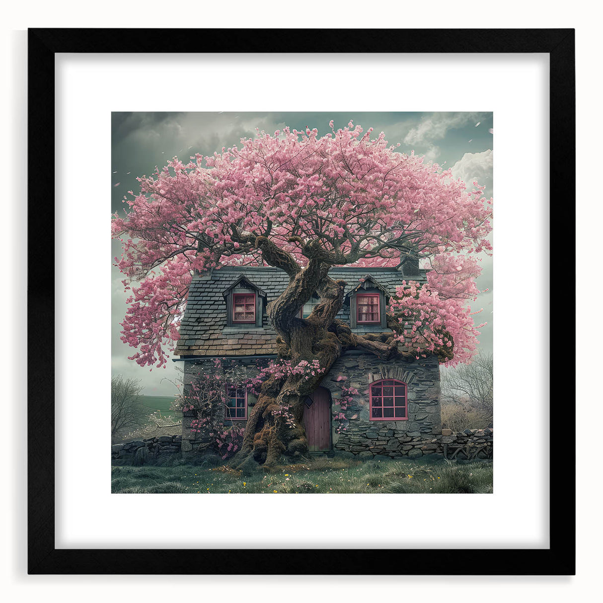 Extra large abstract art print of colorful, textured cottages, framed with a black mat, ideal for living room decor.