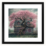 Extra large abstract art print of colorful, textured cottages, framed with a black mat, ideal for living room decor.