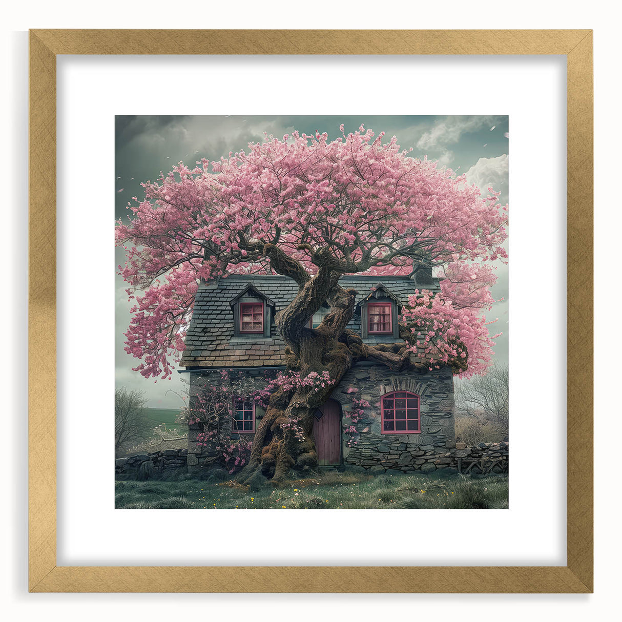 Extra large abstract art print of textured cottages in muted earth tones, framed in gold, ideal for living room decor.