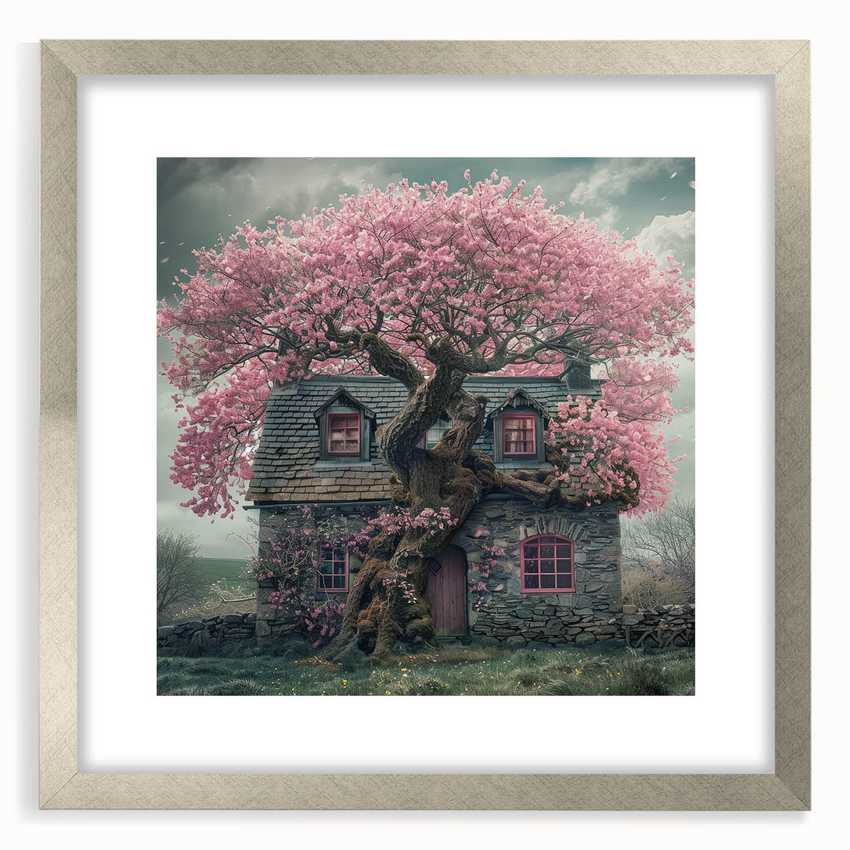 Textured art depicting abstract cottages in muted earth tones on a framed canvas, suitable for bedroom decor.