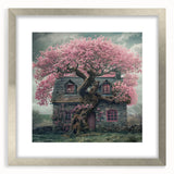 Textured art depicting abstract cottages in muted earth tones on a framed canvas, suitable for bedroom decor.