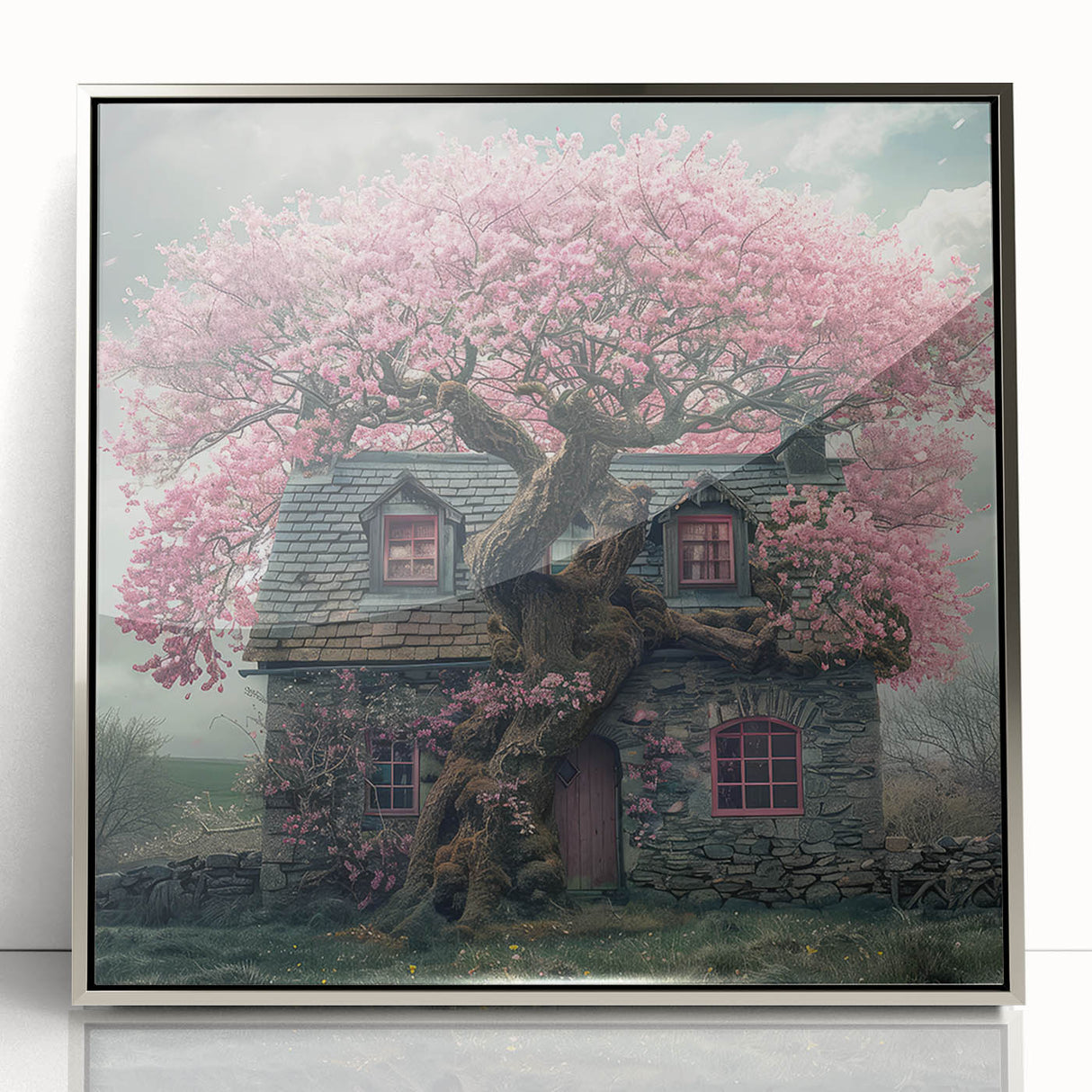 Mid-century modernist art depicting cottages in muted earth tones on a framed acrylic, ideal for nursery wall art.