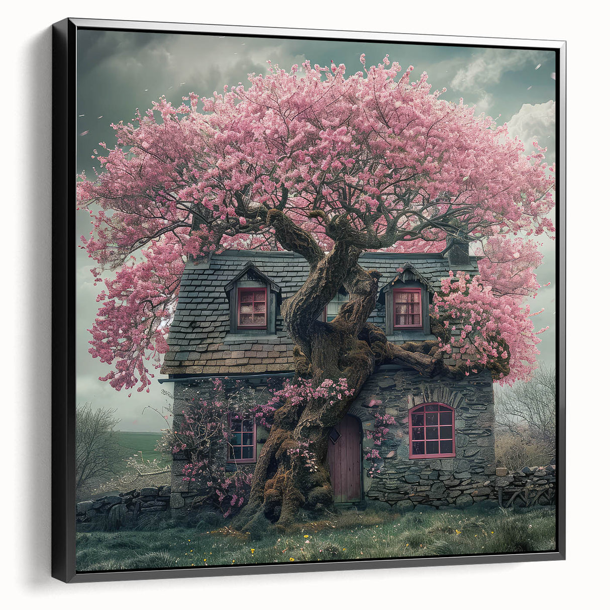 Black and white framed canvas depicting vintage cottages in a landscape, ideal for bedroom wall art.