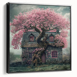Black and white framed canvas depicting vintage cottages in a landscape, ideal for bedroom wall art.