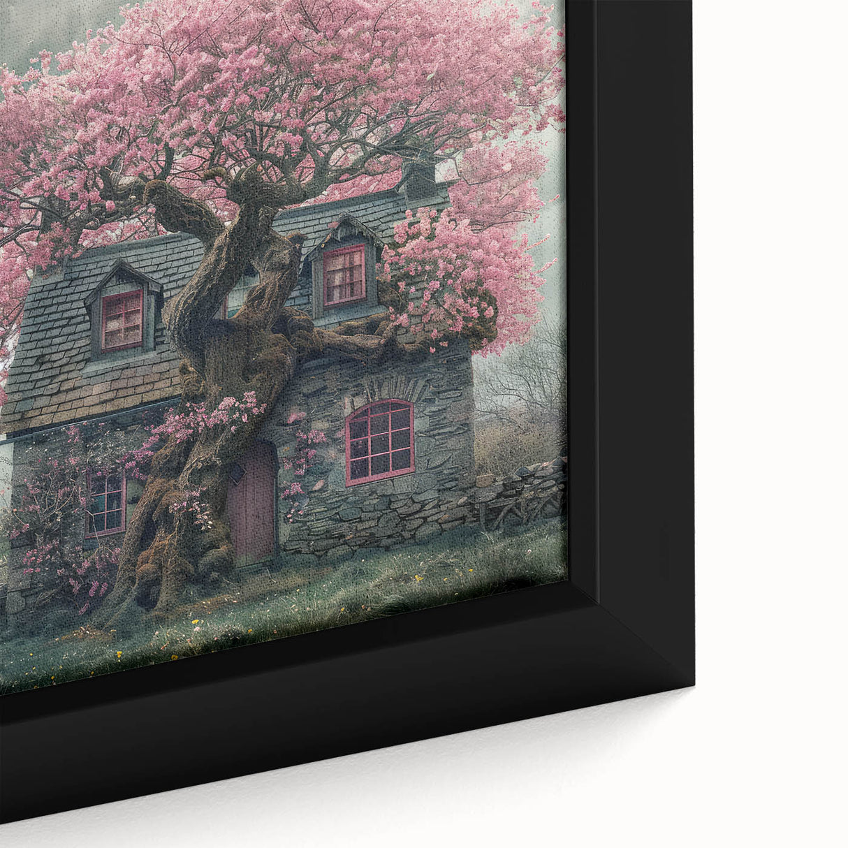 Extra large black wall art featuring textured, colorful cottages on a framed canvas, ideal for living room decor.