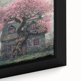 Extra large black wall art featuring textured, colorful cottages on a framed canvas, ideal for living room decor.
