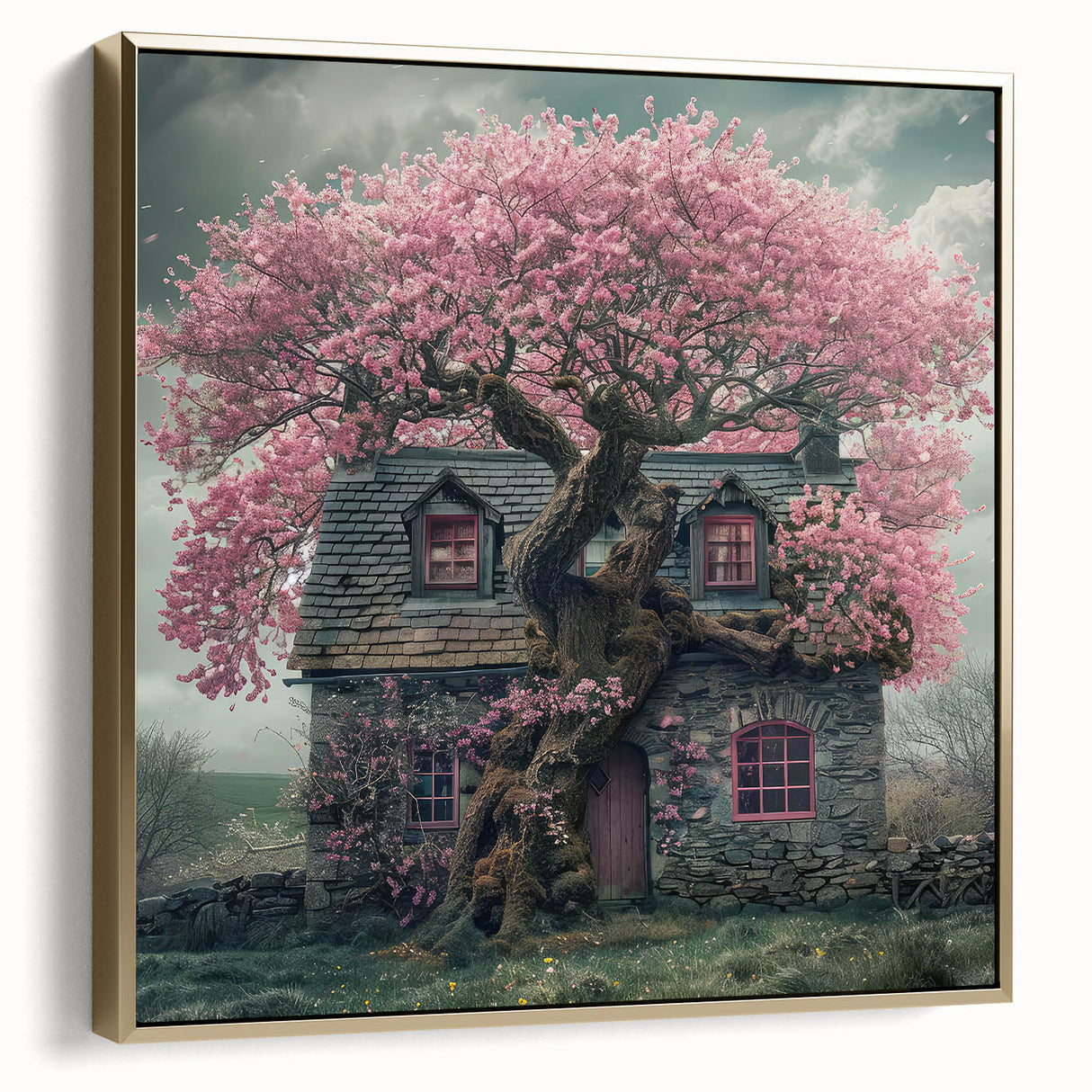 Framed canvas wall art depicting vintage-style cottages in a landscape, with a black, silver, and gold color palette.