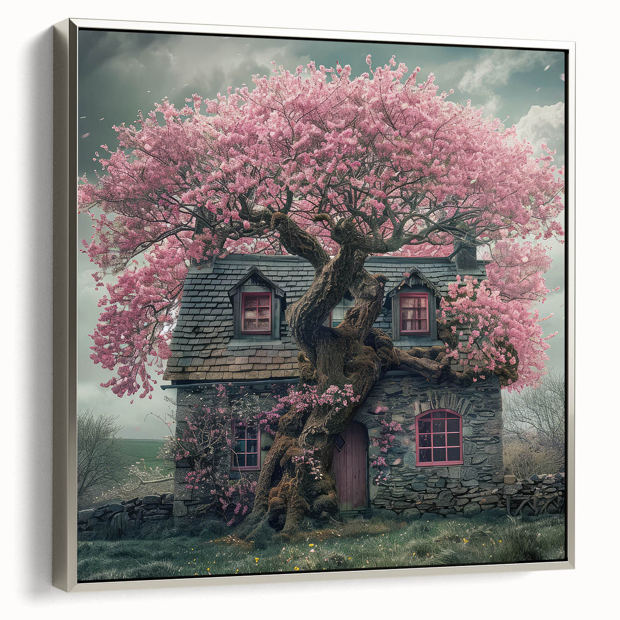 Framed canvas depicting a vintage landscape art painting of colorful cottages, ideal for living room decor.