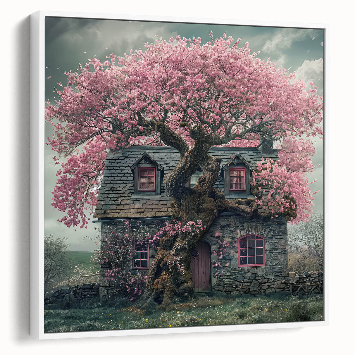 Vintage poster art of colorful cottages, in a black framed canvas, ideal for extra large living room wall decor.