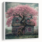 Vintage poster art of colorful cottages, in a black framed canvas, ideal for extra large living room wall decor.