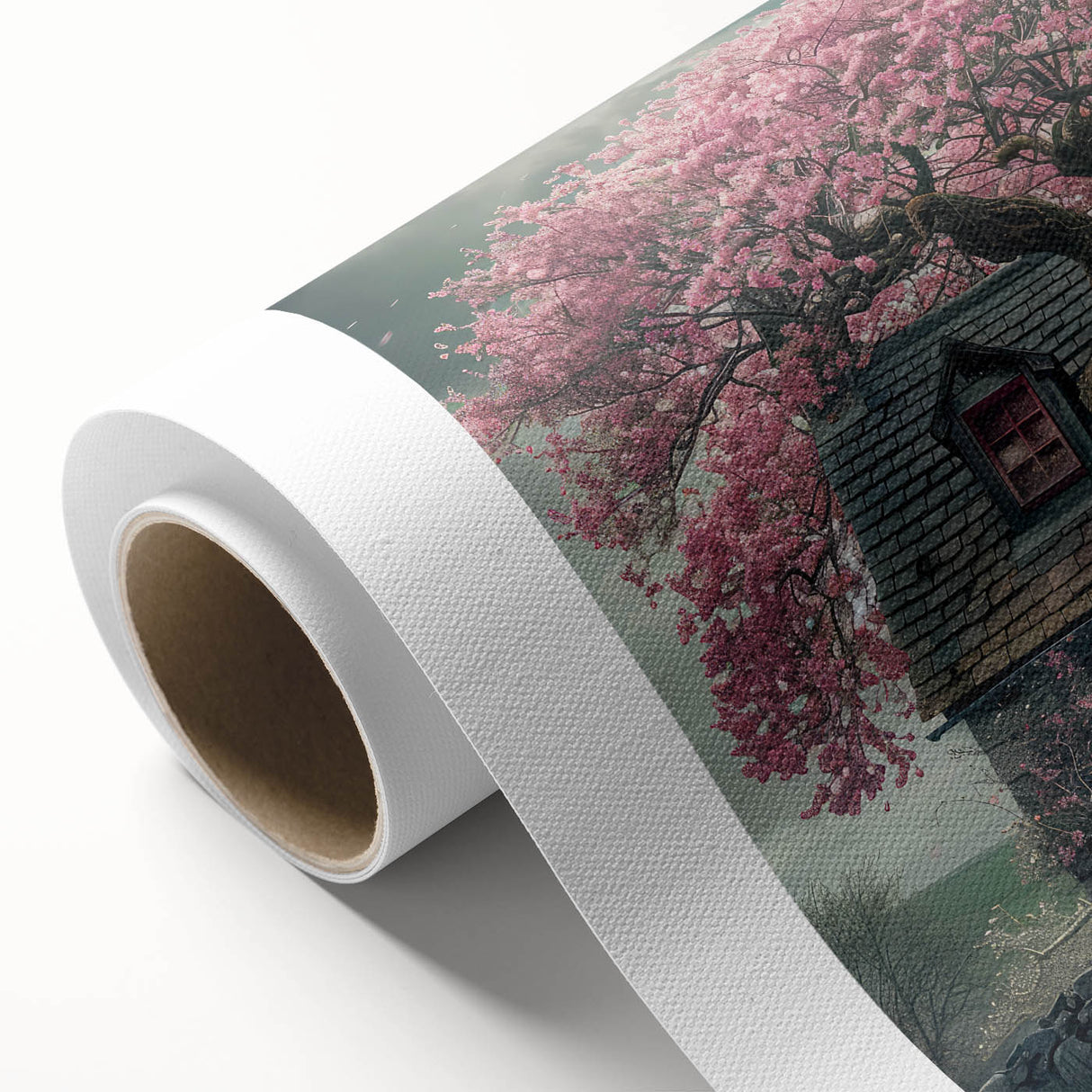 Art Deco style poster of quaint cottages in pastel colors on rolled canvas, suitable for nursery wall art.