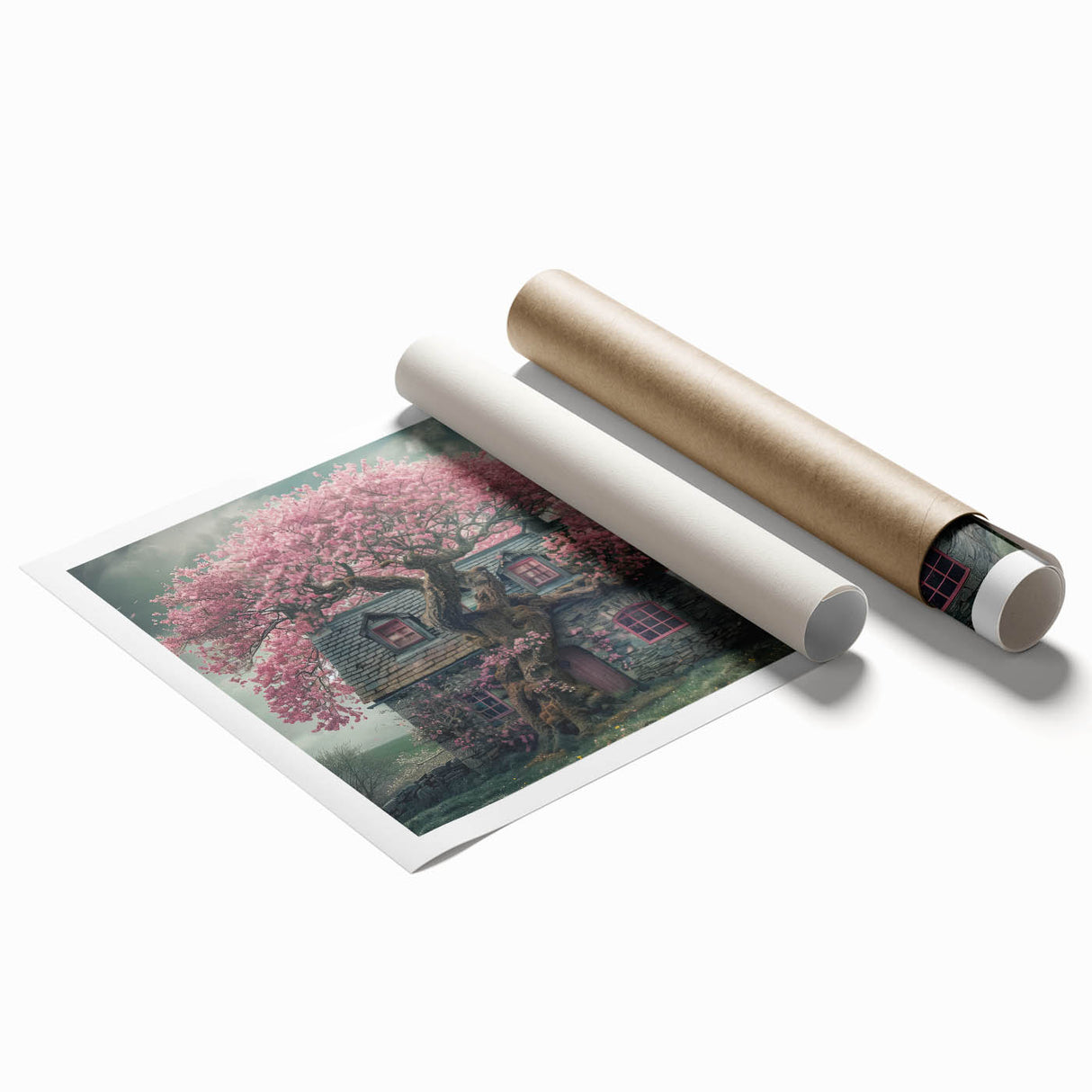 Extra large rolled print of floral art depicting quaint cottages, ideal for classy bathroom or large living room wall art.