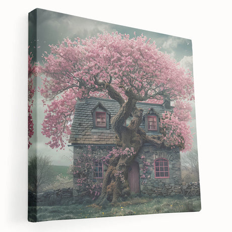 Side view of a large canvas depicting a row of colorful cottages, suitable for kitchen wall art.