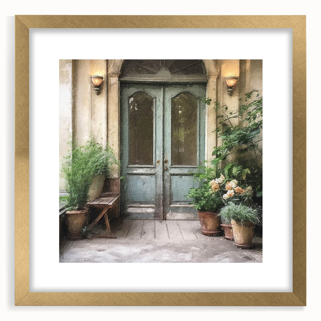 Extra large abstract art print featuring textured design of a French door, in gold frame, ideal for living room decor.